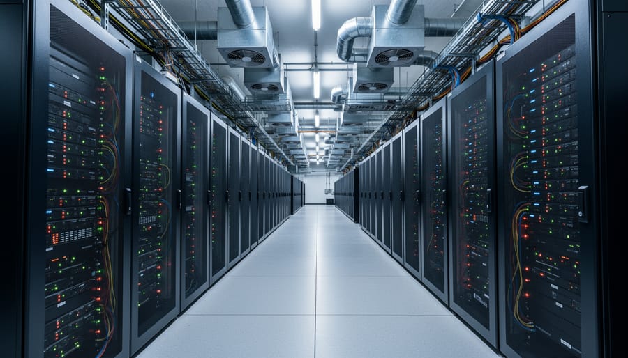 Modern data center server racks with blue lighting and cooling infrastructure