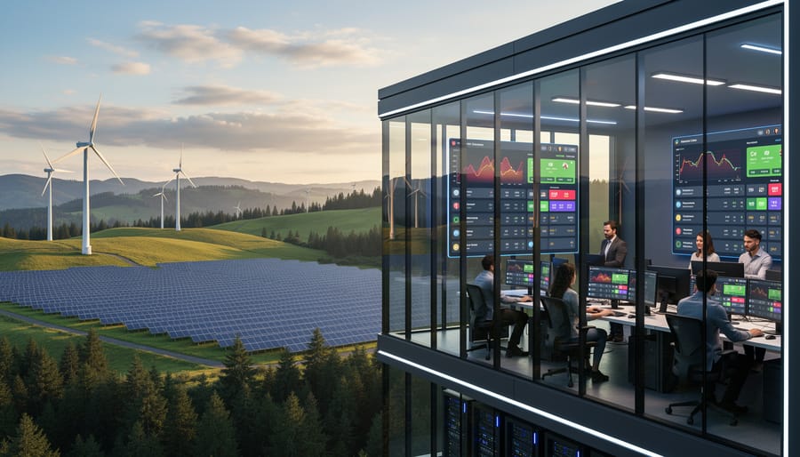 Wind turbines and solar panels generating renewable energy in Oregon landscape