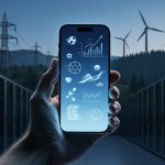 Hand holding a glowing smartphone in sharp focus at dusk, with blurred server racks, power transmission lines, and wind turbines over evergreen hills in the background, symbolizing the energy demand of Oregon’s online sports betting.