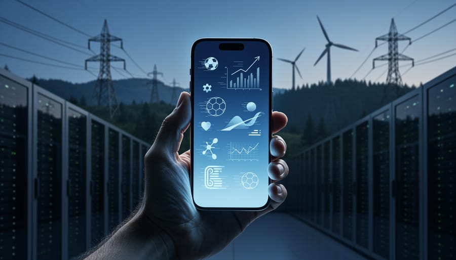 Hand holding a glowing smartphone in sharp focus at dusk, with blurred server racks, power transmission lines, and wind turbines over evergreen hills in the background, symbolizing the energy demand of Oregon’s online sports betting.